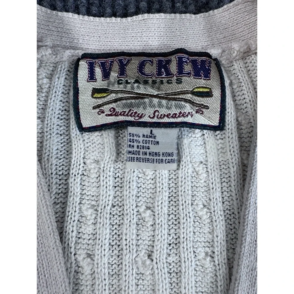 Vintage Ivy Crew White Cable-Knit Ramie Cotton Sweater Vest Button V-Neck Size L